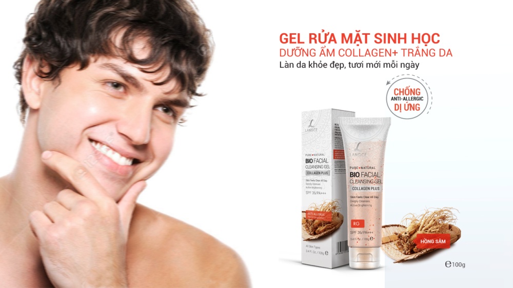 Bộ Toner giữ ẩm cân bằng pH 120ml và gel rửa mặt sinh học đẹp da collagen + chiết xuất hồng sâm 100g LANGCE dành cho nam