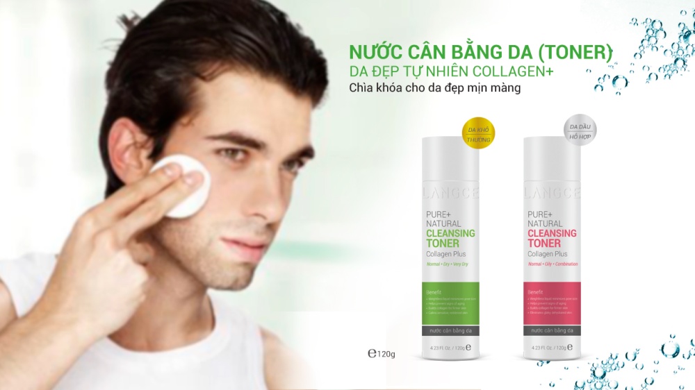 Bộ Toner giữ ẩm cân bằng pH 120ml và gel rửa mặt sinh học đẹp da collagen + chiết xuất rong nho biển 100g LANGCE dành cho nam
