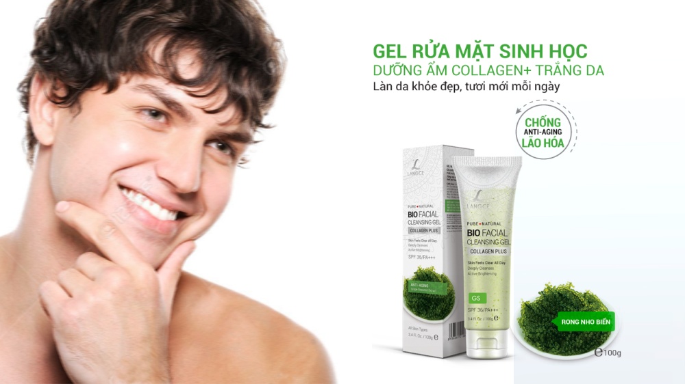 Bộ Toner giữ ẩm cân bằng pH 120ml và gel rửa mặt sinh học đẹp da collagen + chiết xuất rong nho biển 100g LANGCE dành cho nam
