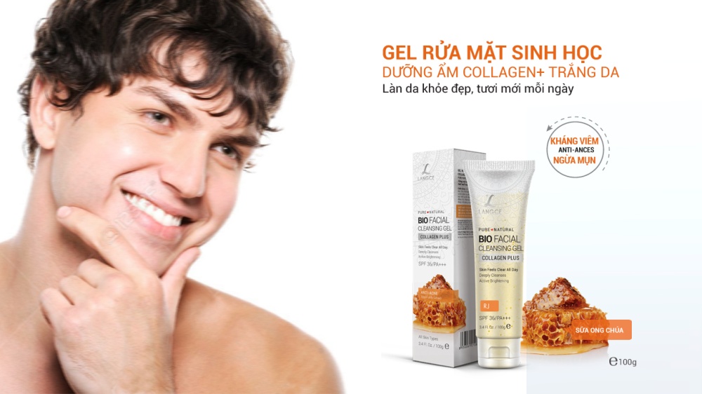 Bộ Toner - nước cân bằng da, giữ ẩm, cân bằng pH 120ml và gel rửa mặt sinh học đẹp da collagen + chiết xuất sữa ong chúa 100g LANGCE dành cho nam