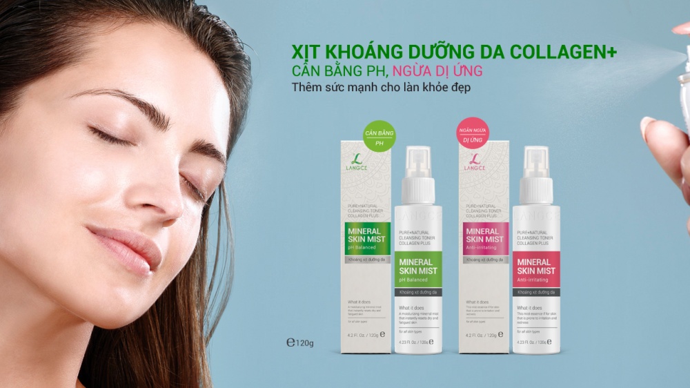 Bộ dưỡng trắng đẹp da ngừa dị ứng Collagen trắng da 120ml và Khoáng xịt dưỡng da 120ml LANGCE