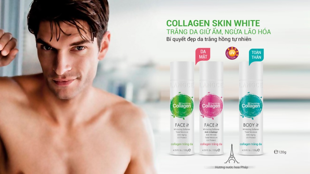 Bộ dưỡng trắng đẹp da ngừa dị ứng Collagen trắng da 120ml và Khoáng xịt dưỡng da 120ml LANGCE dành cho nam