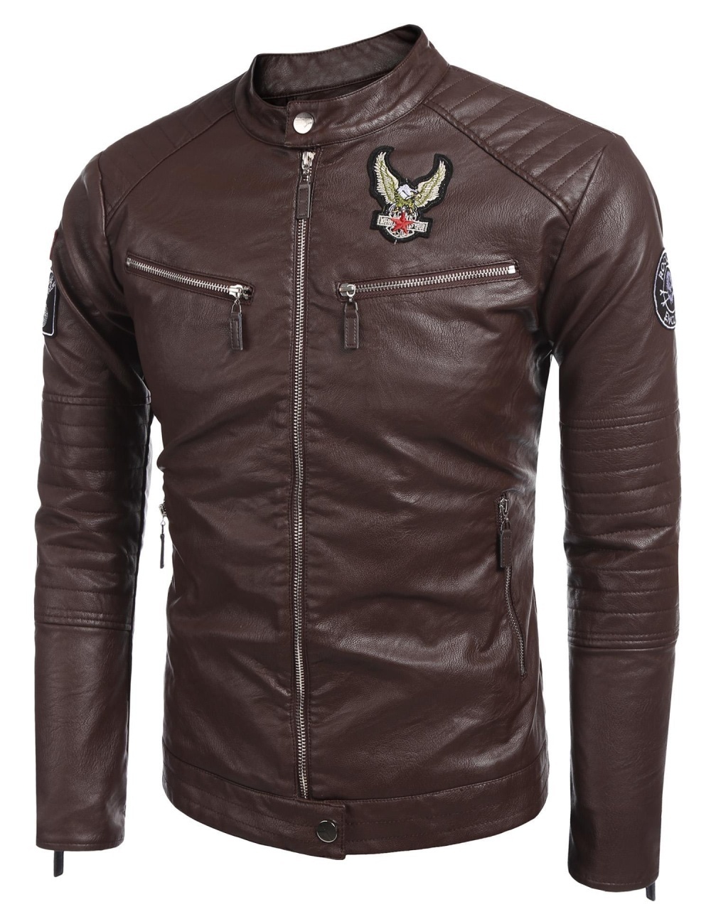 Toprank Men Fashion Stand Collar Long Sleeve PU Faux-Leather Moto Biker Jacket (Coffee) - intl