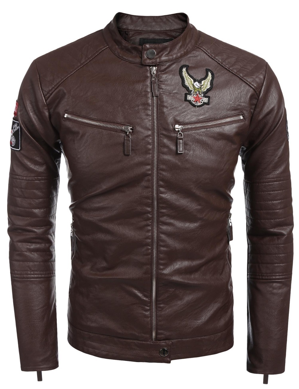 Toprank Men Fashion Stand Collar Long Sleeve PU Faux-Leather Moto Biker Jacket (Coffee) - intl