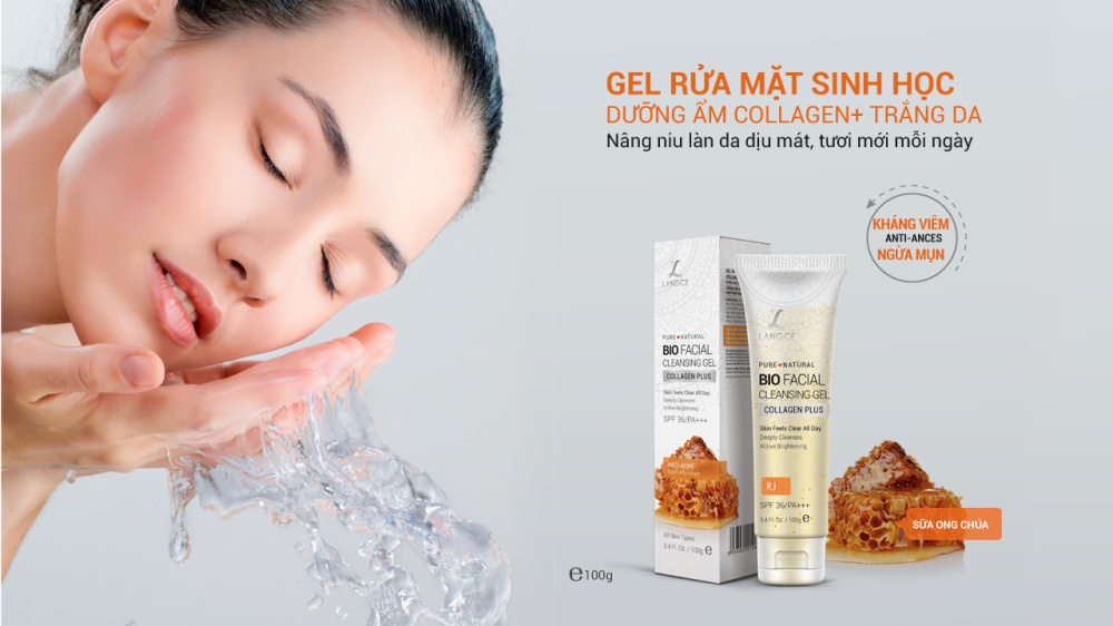 Bộ Gel Tắm Vàng 24K Trắng Da, Chống Nắng 250g + Gel Rửa Mặt Collagen+ Đẹp Da - Sữa ong Chúa 100ml LANGCE