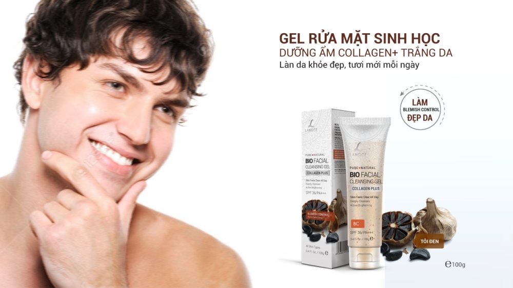 Gel Rửa Mặt Sinh Học Đẹp Da Collagen+ Chiết Xuất Tỏi Đen 100g TẶNG Tẩy Tế Bào Chết Toàn Thân 80g LANGCE dành cho nam