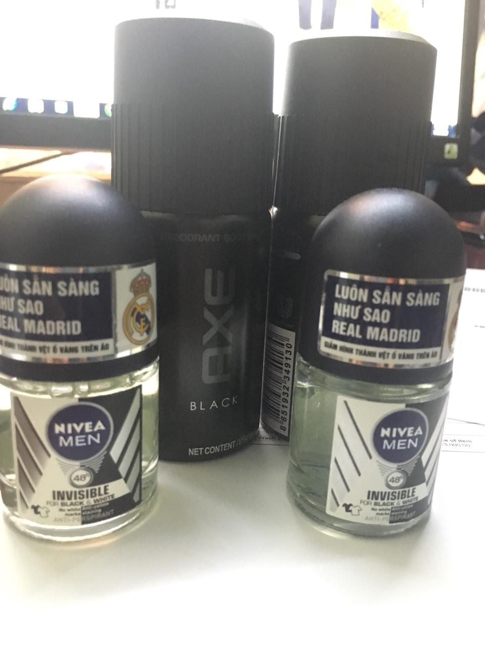 Set 02 Chai Xịt Khử Mùi Axe Black 50Ml + 2 Chai Lăn Khử Mùi Nivia Nam