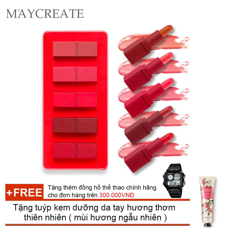 Bộ 5 Thỏi Son Dưỡng Ẩm Maycreate + Tặng Tuýp Kem Dưỡng Da Tay Hương Thơm Thiên Nhiên ( Đơn Hàng Mỹ Phẩm Trên 300K Tặng Thêm 1 Đồng Hồ Thể Thao Như Quảng Cáo )(Oem)
