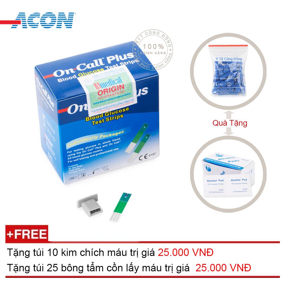 Que thử đường huyết Acon On call Plus  25 que (Xanh trắng) + Tặng túi 10 kim chích máu + Tặng túi 25 bông tẩm cồn lấy máu