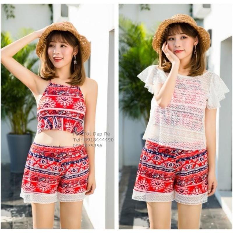 Nơi bán bộ bơi bikini dây yếm kèm áo choàng ren lửng họa tiết thổ cẩm