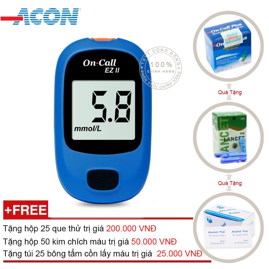 Máy Đo Đường Huyết Acon On Call Ez 2 (Xanh) + Tặng Hộp 25 Que Thử + Tặng Hộp 50 Kim Chích Máu + Tặng Túi 25 Bông Tẩm Cồn Lấy Máu