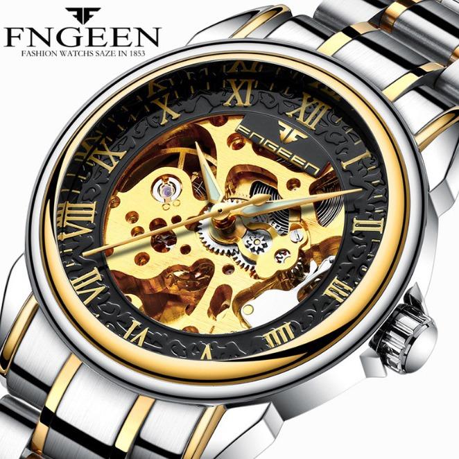 Đồng hồ nam FNGEEN 6688 máy cơ automatic lộ máy dây thép không gỉ