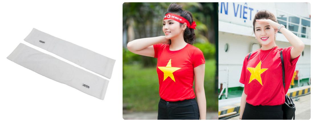 Áo phông cộc tay cờ đỏ sao vàng và găng chống nắng hở ngón nam nữ trắng size L