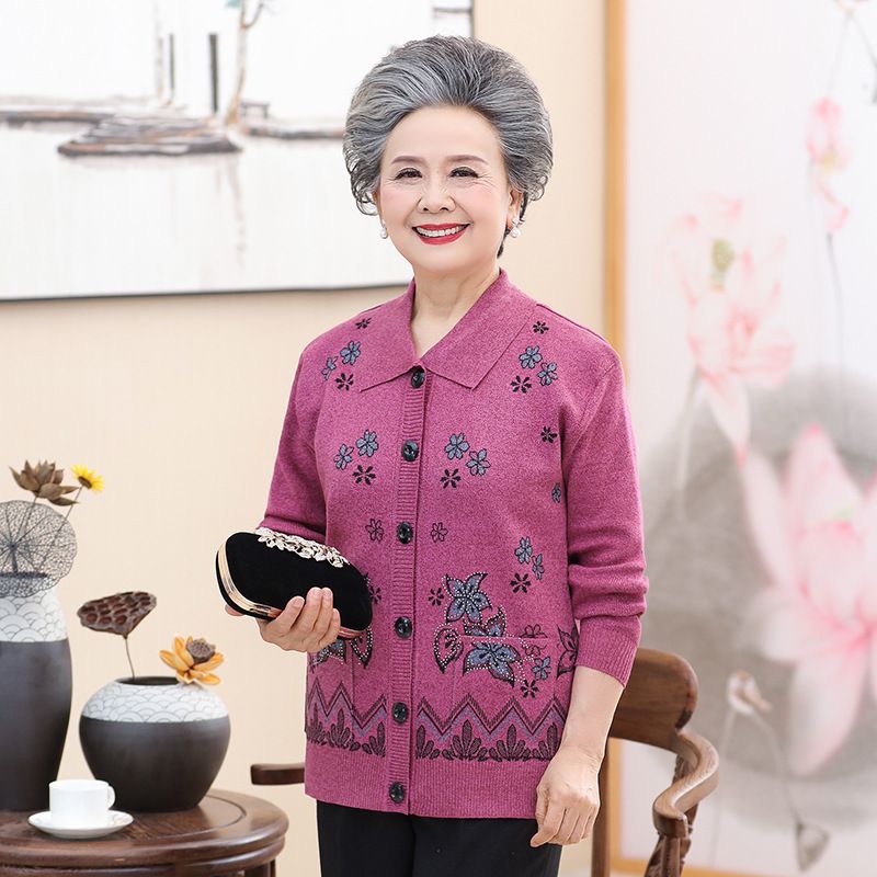 Áo khoác trung niên nữ áo len nữ có túi cho người già cao tuổi áo len bà già