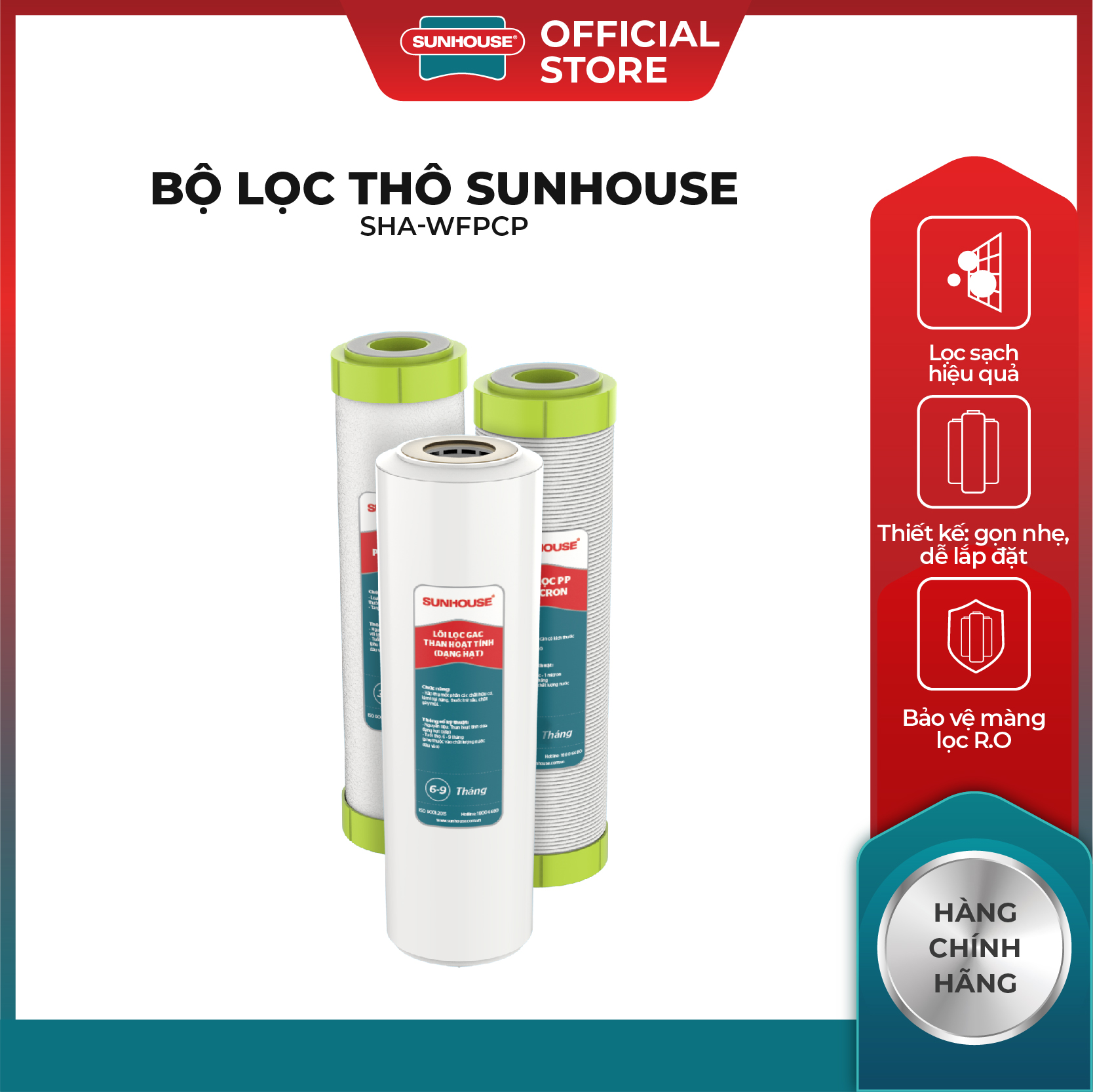 Bộ lõi lọc thô Sunhouse SHAWFPCP - Combo 3 Lõi PP 5µm – Lõi GAC – Lõi PP 1µm - Sản xuất tại Việt Nam