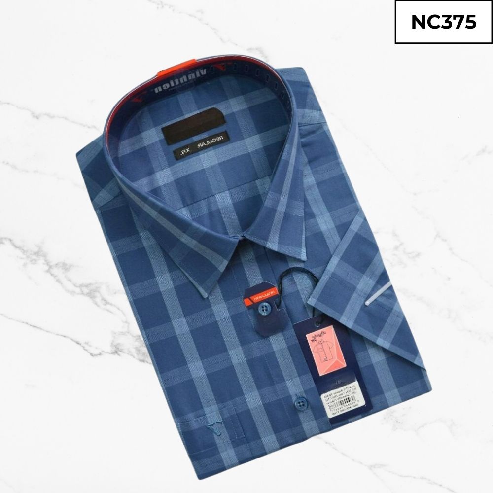 Áo Sơ Mi Nam Công Sở Trung Niên Thương Hiệu Anton Họa Tiết Caro Xanh Ngắn Tay - NC375