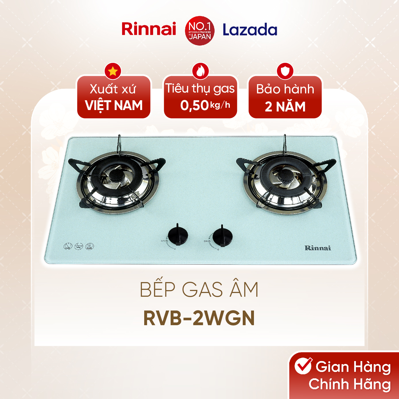 Bếp gas âm Rinnai RVB-2WGN mặt bếp kính và kiềng bếp men - Hàng chính hãng.