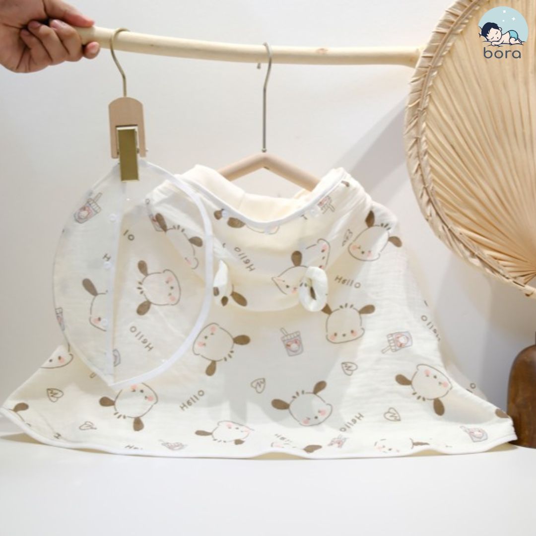 Áo choàng xô muslin 2 lớp chống nắng có kính chắn giọt bắn mềm mại an toàn cho bé