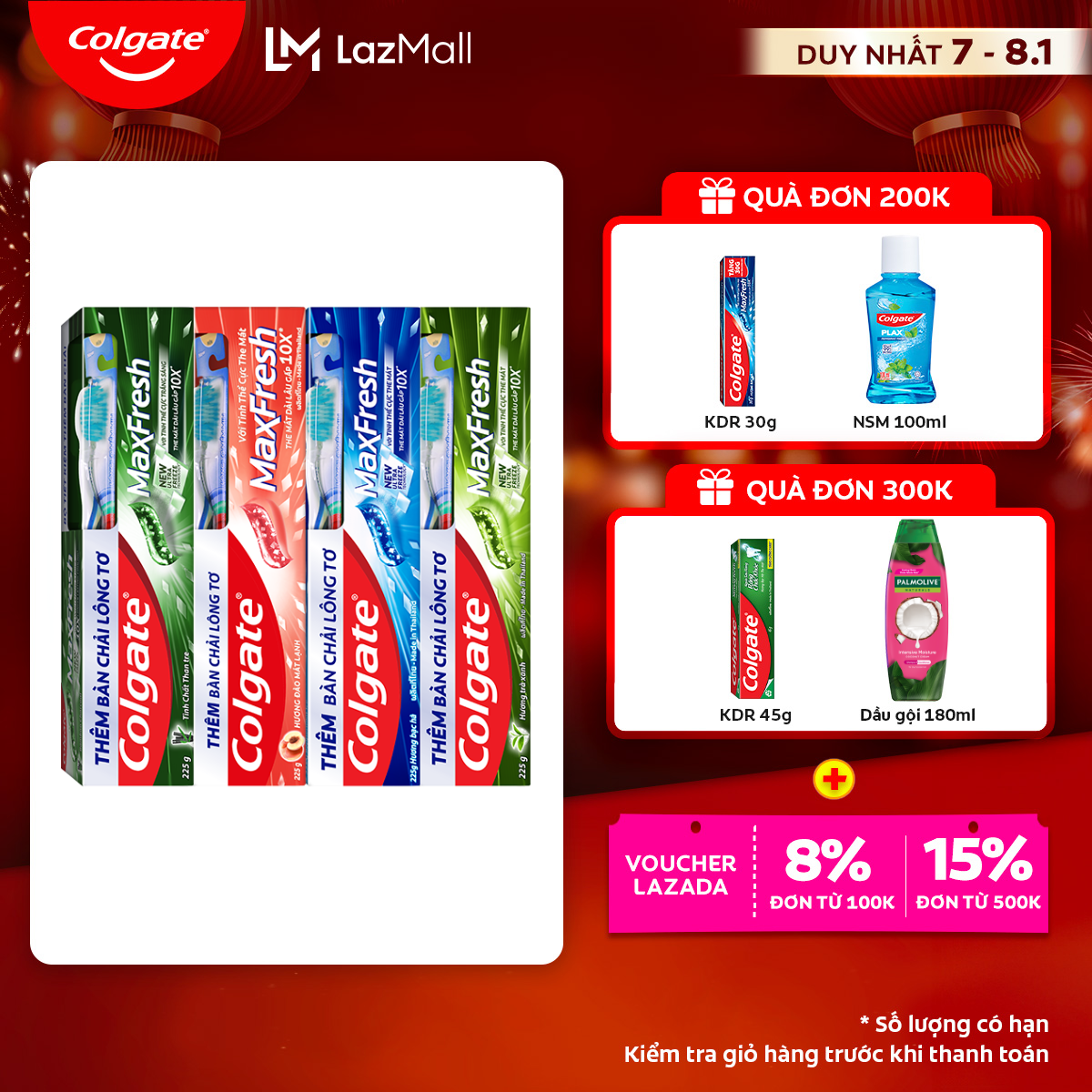 [Chỉ 7-8.1_Áp Voucher giảm thêm đến 23%]Bộ sưu tập 4 kem đánh răng Colgate Maxfresh 225g (Tặng bàn c