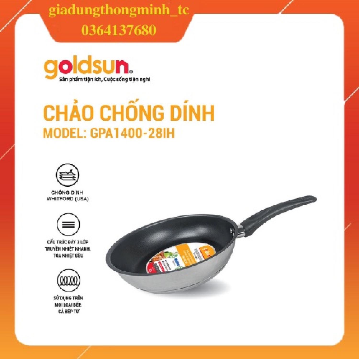 Chảo inox chống dính Goldsun GPA1400-28IH chống dính cao cấp Whitford