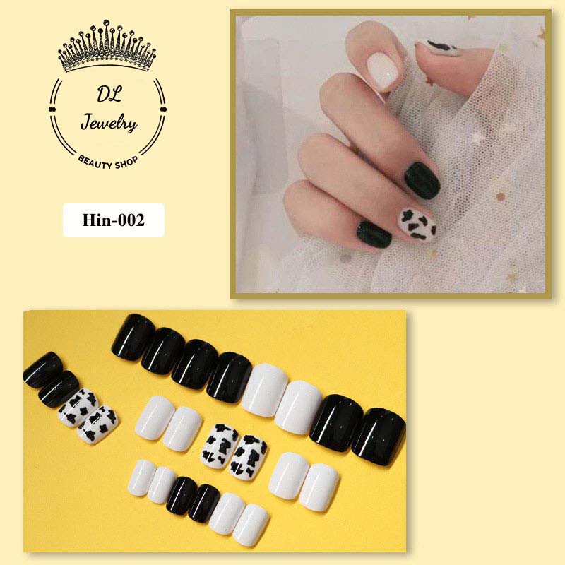 Móng giả bò sữa mix trắng đen Mã 002 [Tặng  Dũa mini+Keo dán]