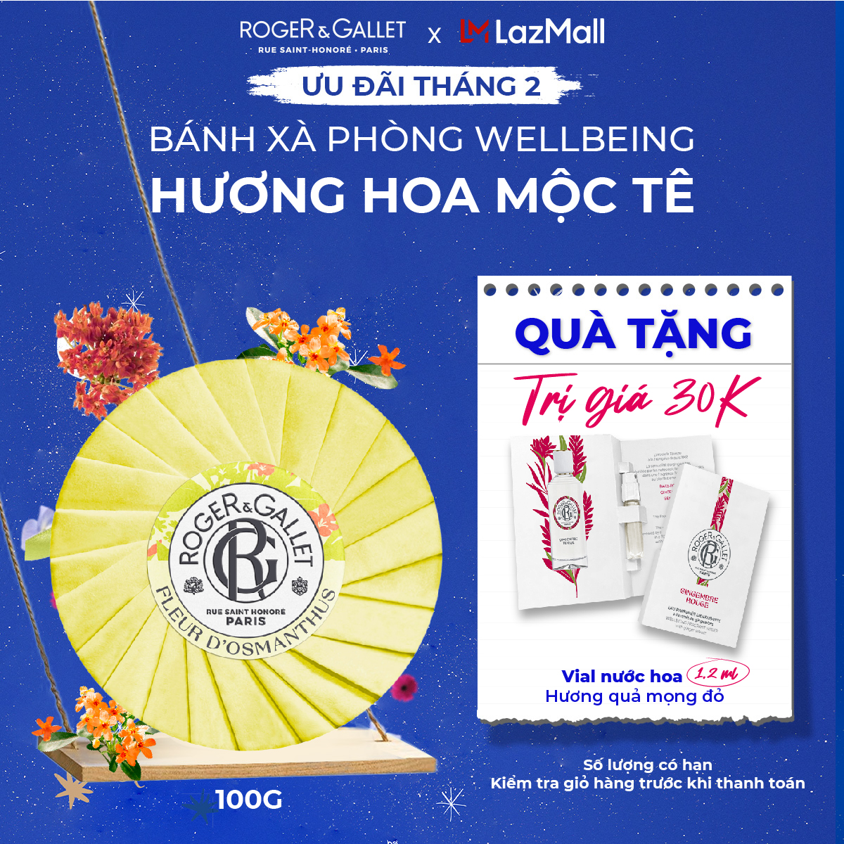 Bánh xà phòng Wellbeing hương hoa mộc tê Roger&Gallet Fleur dOsmanthus 100g