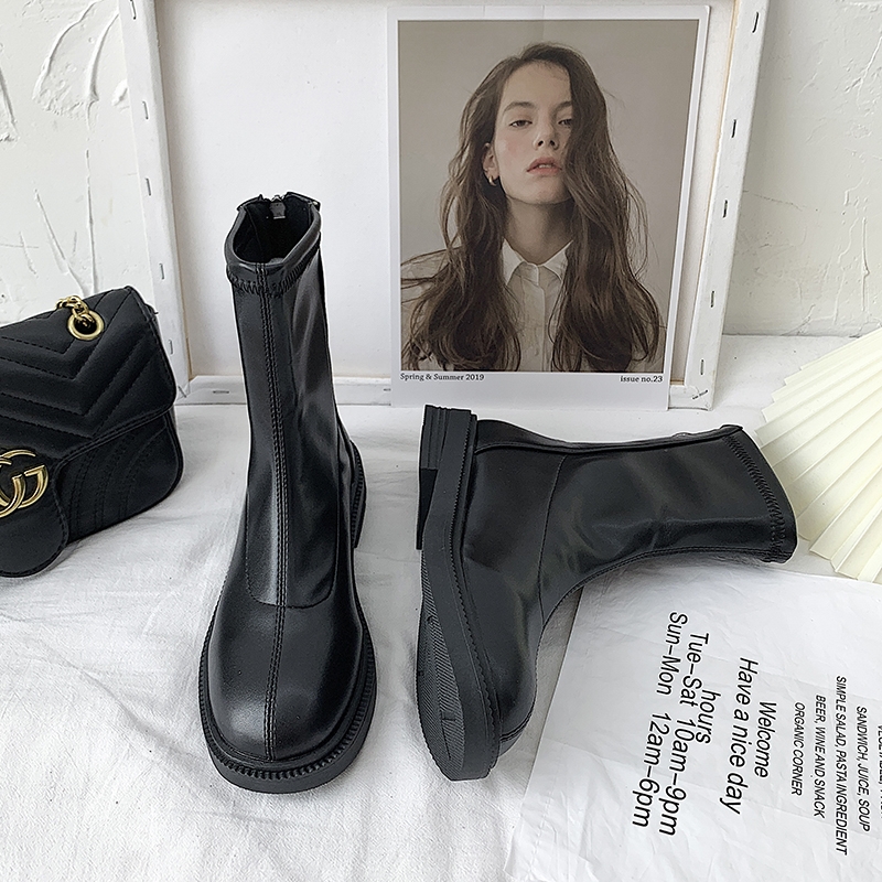 [CÓ SẴN] Giày bốt cao cổ ulzzang ZIP năng động thời trang khóa kéo tròn màu đen/nâu tây đế bằng da m