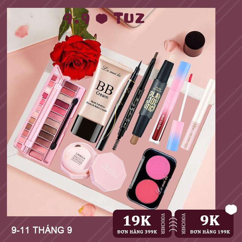 [HCM]Bộ trang điểm cá nhân LAMEILA 9 món tiện lợi Kem BB che khuyết điểm（kem nền） +Phấn phủ kiềm dầu+Phấn bảng mắt+Mascara+Chì kẻ mày+Bút dạ kẻ mắt+phấn má+Bút tạo khối+son lì