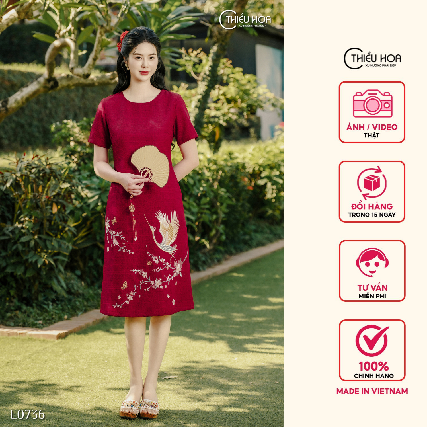 Đầm trung niên thiết kế sang trọng với chất liệu Vải dệt cao cấp DD4L0736 Thời trang Thiều Hoa