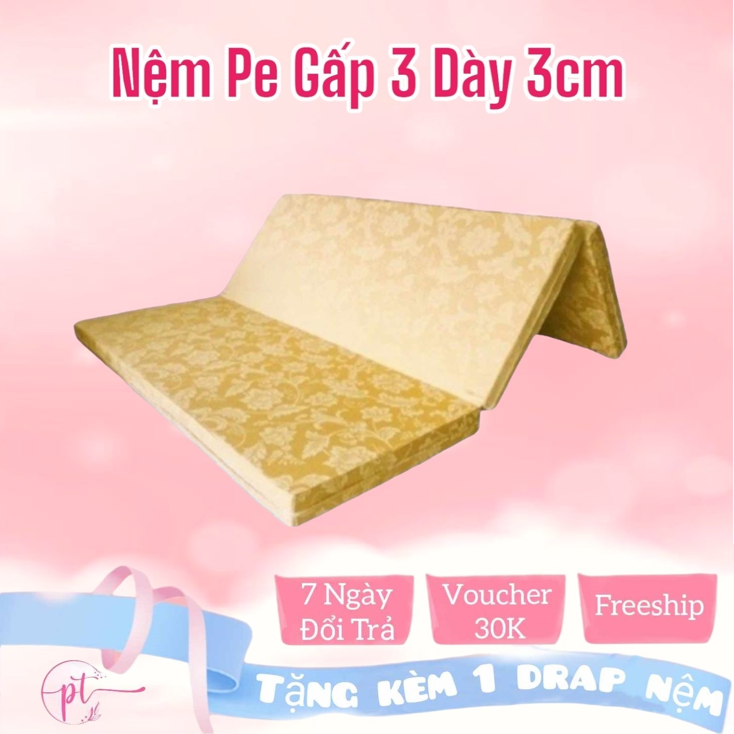 Nệm PE Hàn Quốc Giá Rẻ Gấp 3 Kích Thước 1m x 1m95 x 3cm ( Giao Màu Ngẫu Nhiên ) Tặng Kèm Drap Nệm
