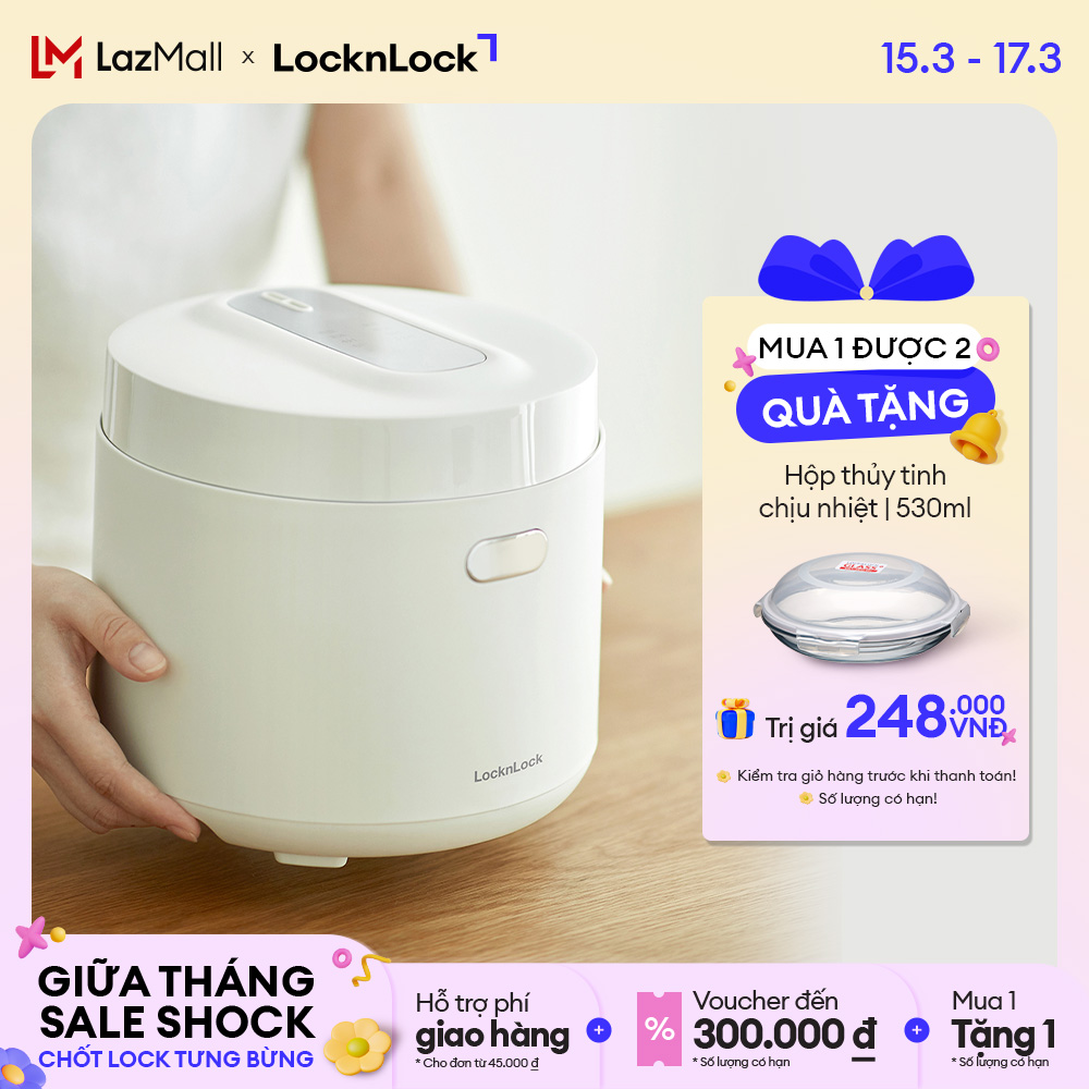 Nồi cơm điện Lock&Lock Bianco Smart rice cooker 1L Màu ngà EJR364IVY 3-4 người Cảm biến nhiệt giữ ấm