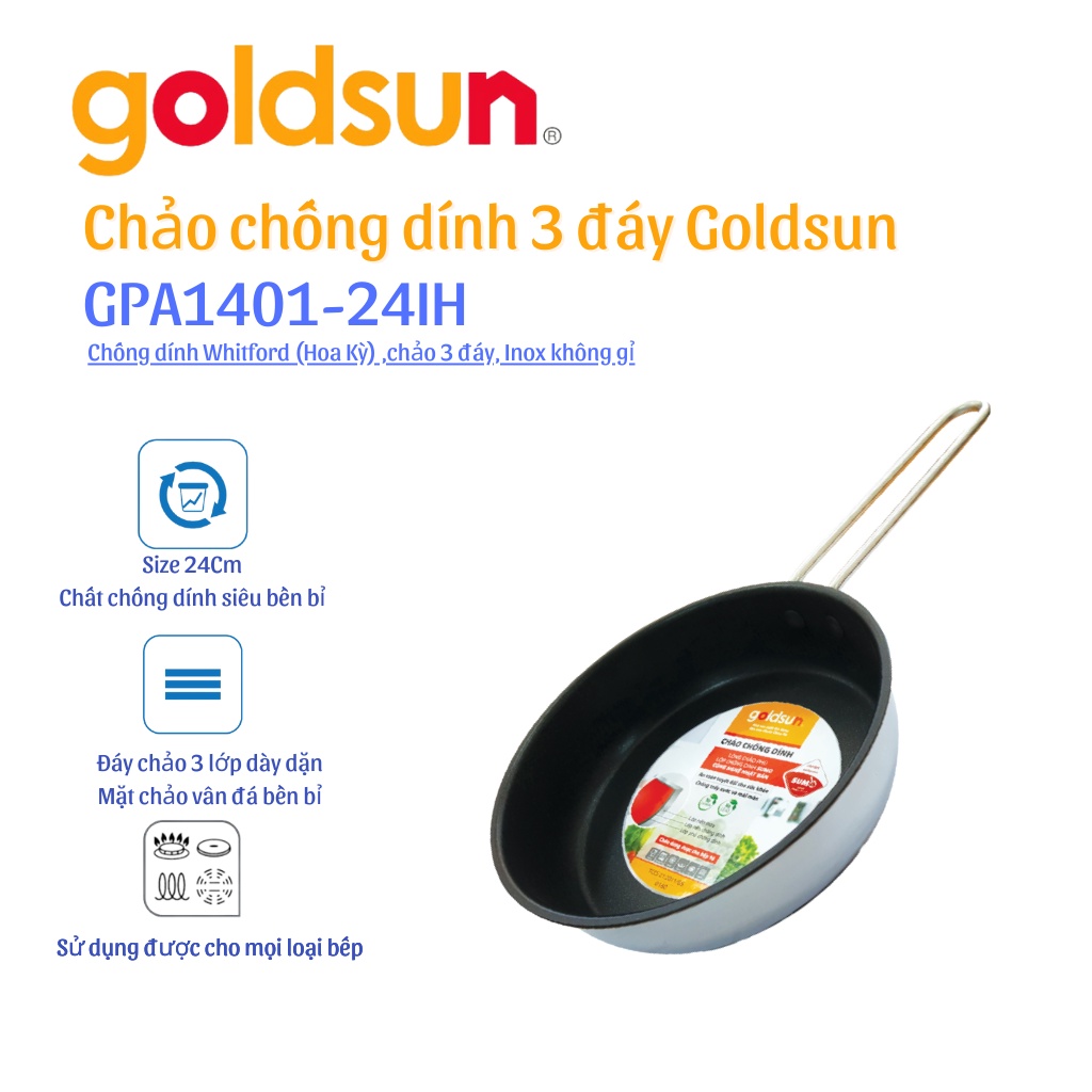 Chảo INOX Chống Dính Goldsun -Size 1618202426Cm - Chất chống dính Mỹ -3 lớp đáy từ - Hàng Chính Hãng