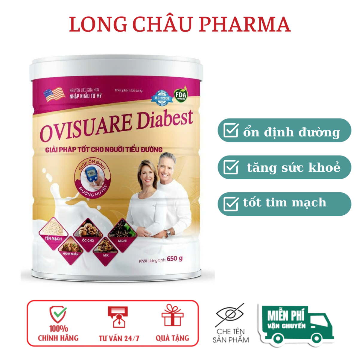 Sữa Ovisuare diabest giúp ổn định đường huyết tốt cho tim mạch hộp 650g