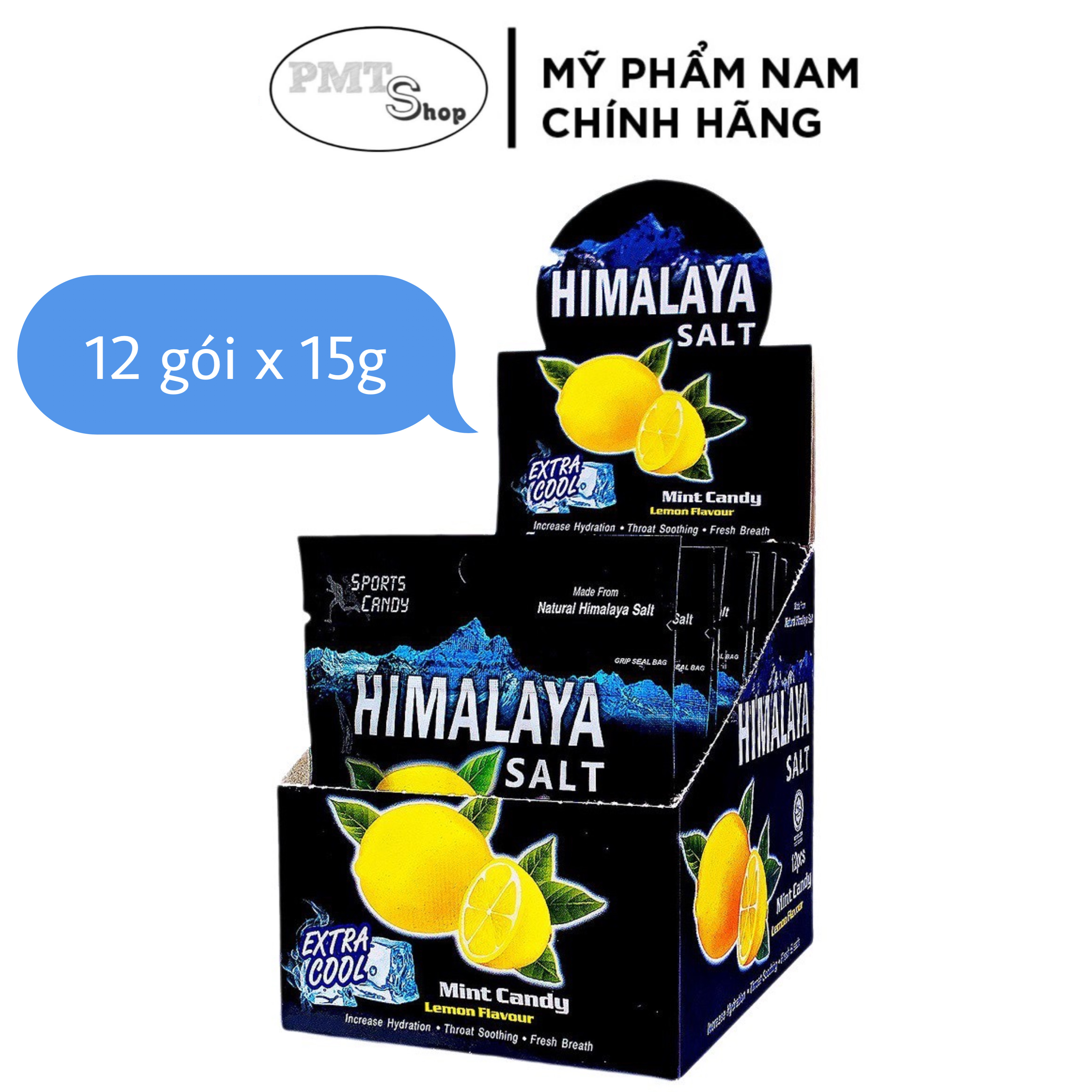 (HSD 10/2025) Hộp 12 gói Kẹo ngậm Himalaya Salt hương chanh muối bạc hà the mát gói 15g Extra Cool Mint Candy Lemon Flavour