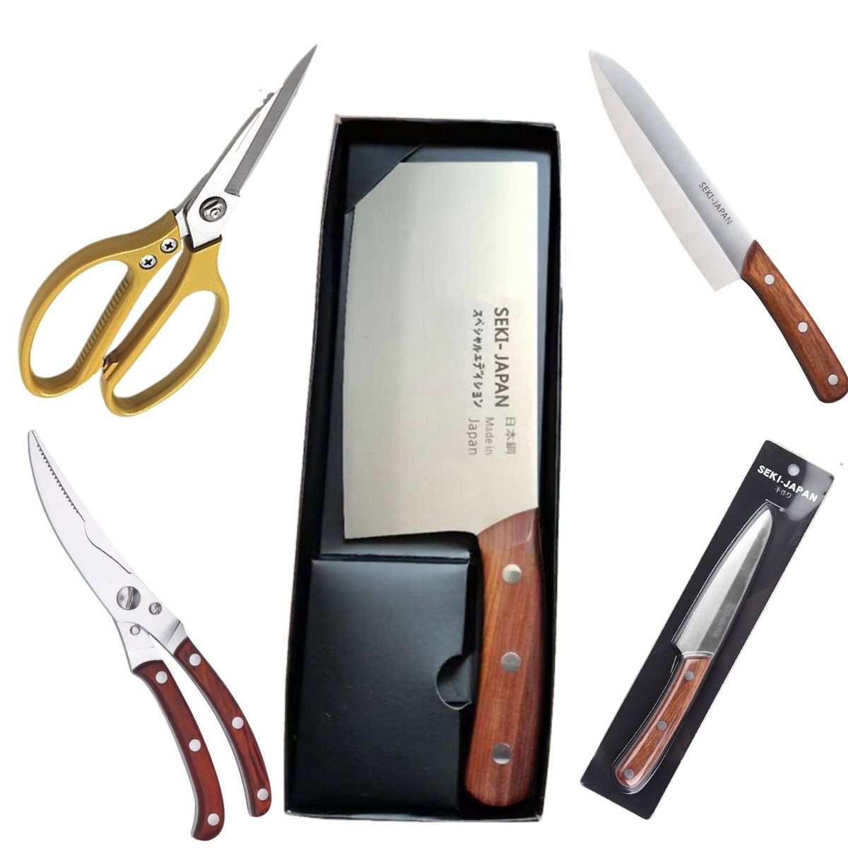 Bộ dao làm bếp Nhật Bản 5 món cao cấp SEKl JAPAN làm từ thép không rỉ 4CR13 Hàng nhật khẩu bao gồm Dao chặt Dao Thái Kéo Cắt