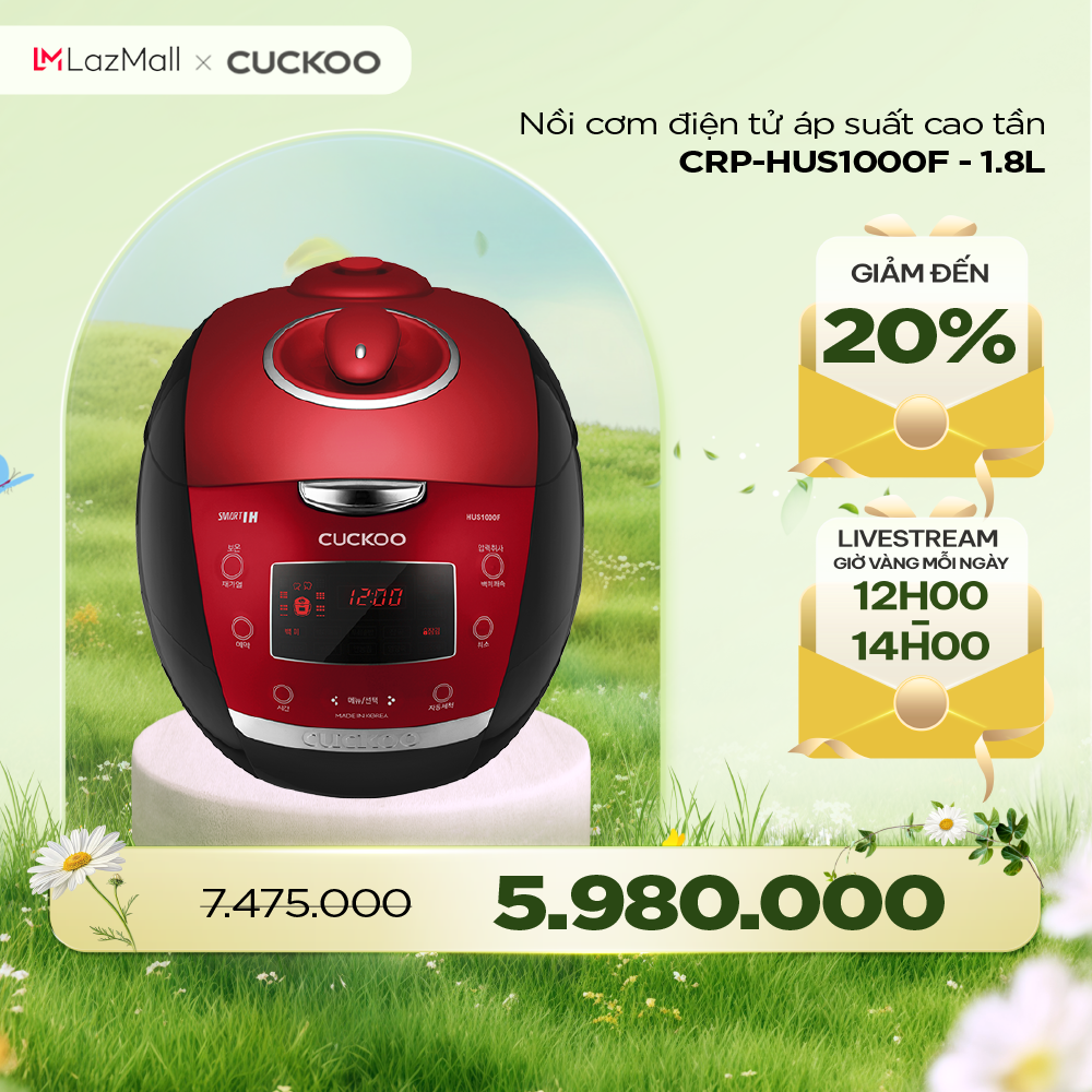 Nồi cơm điện tử áp suất cao tần Cuckoo 1.8 lít CRP-HUS1000F màu đỏ- lòng nồi chống dính cao cấp phủ 