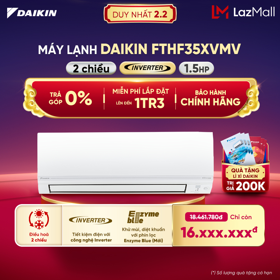 [MIỄN PHÍ LẮP ĐẶT 1TR3] - Điều hòa Daikin Inverter 2 chiều FTHF35XVMV - 1.5HP (12000BTU)