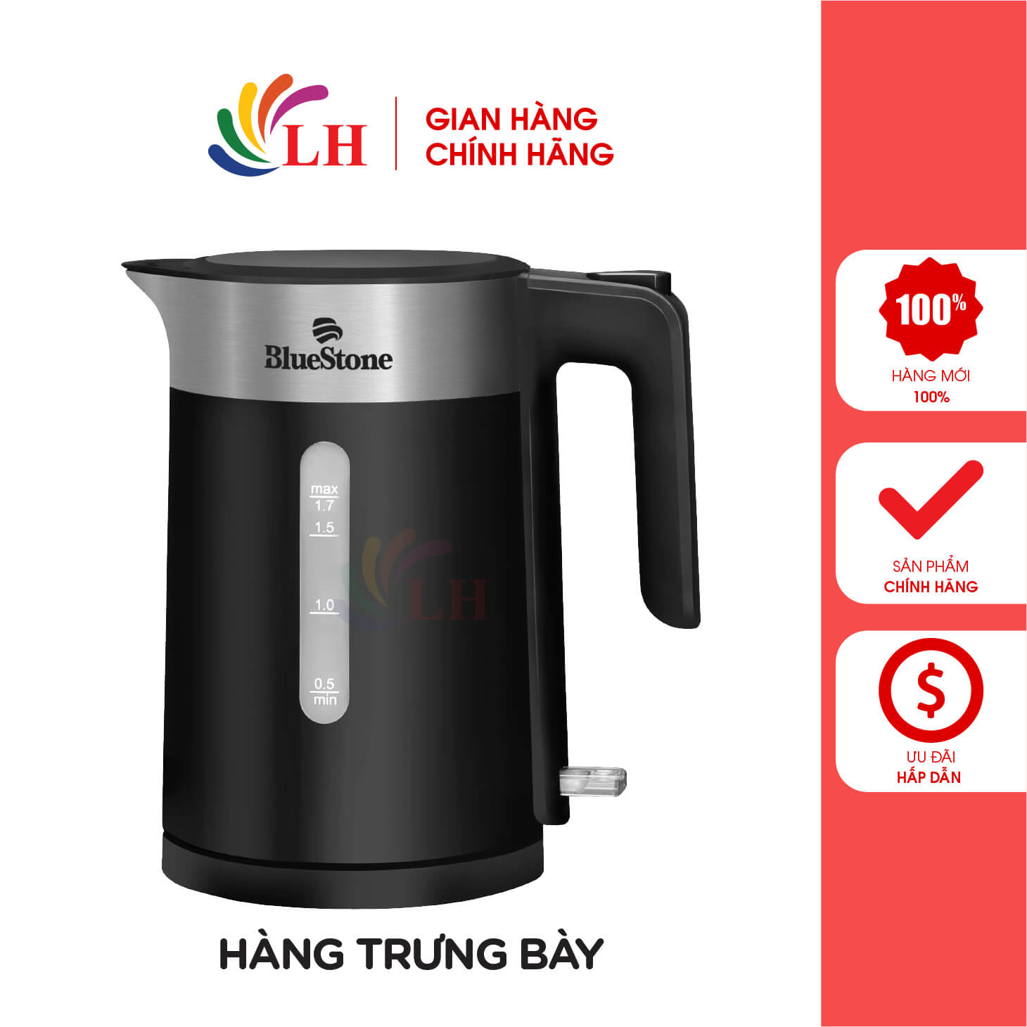 Bình đun siêu tốc Bluestone KTB-3418 1.7 lít, màu đen-bạc ánh kim