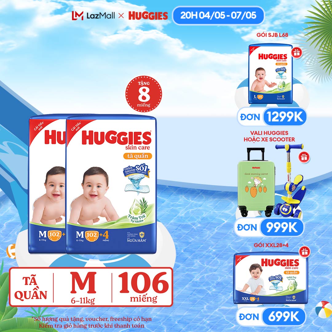 [CHỈ 20H 04-07/05 GIẢM THÊM 80K] Combo 2 Gói Tã/bỉm quần HUGGIES SKINCARE MEGA JUMBO size M102+4 miế