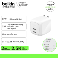 Củ Sạc Nhanh Belkin GaN 67W 2 Cổng USB-C PD 3.1 PPS Cho iPhone 17 iPad MacBook - Bảo Hành Chính Hãng 2 Năm