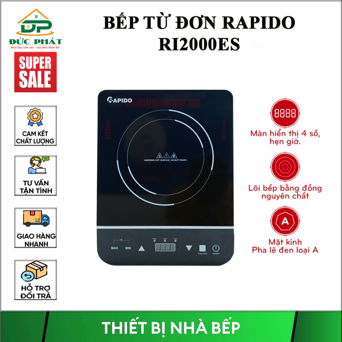 Bếp từ đơn Rapido RI2000ES điều khiển cảm ứng, Hàng chính hãng bảo hành 12 tháng, công suất 2000W