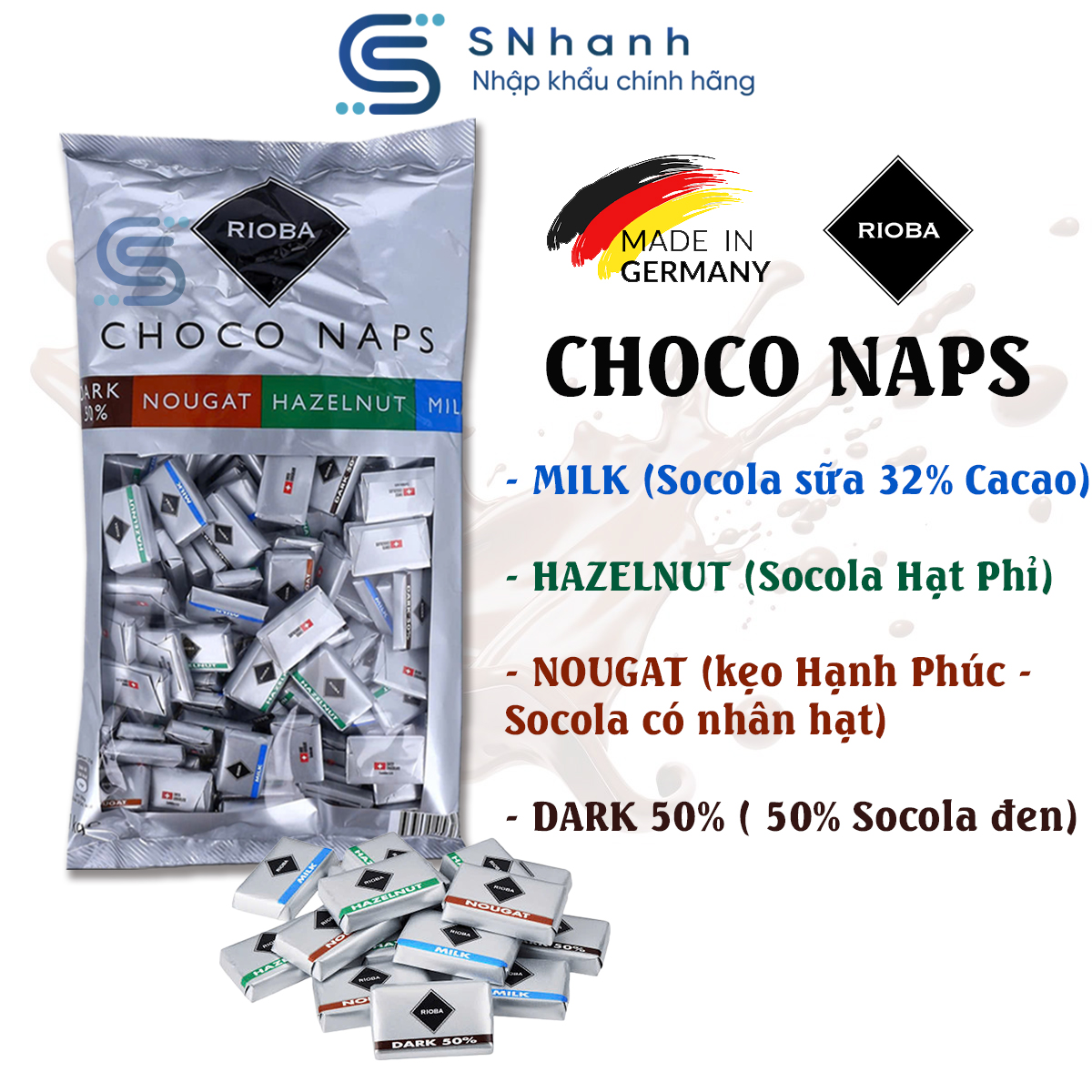 Socola RIOBA ĐỨC Choco Naps – Coffee Naps tổng hợp 4 vị trong gói 1kg