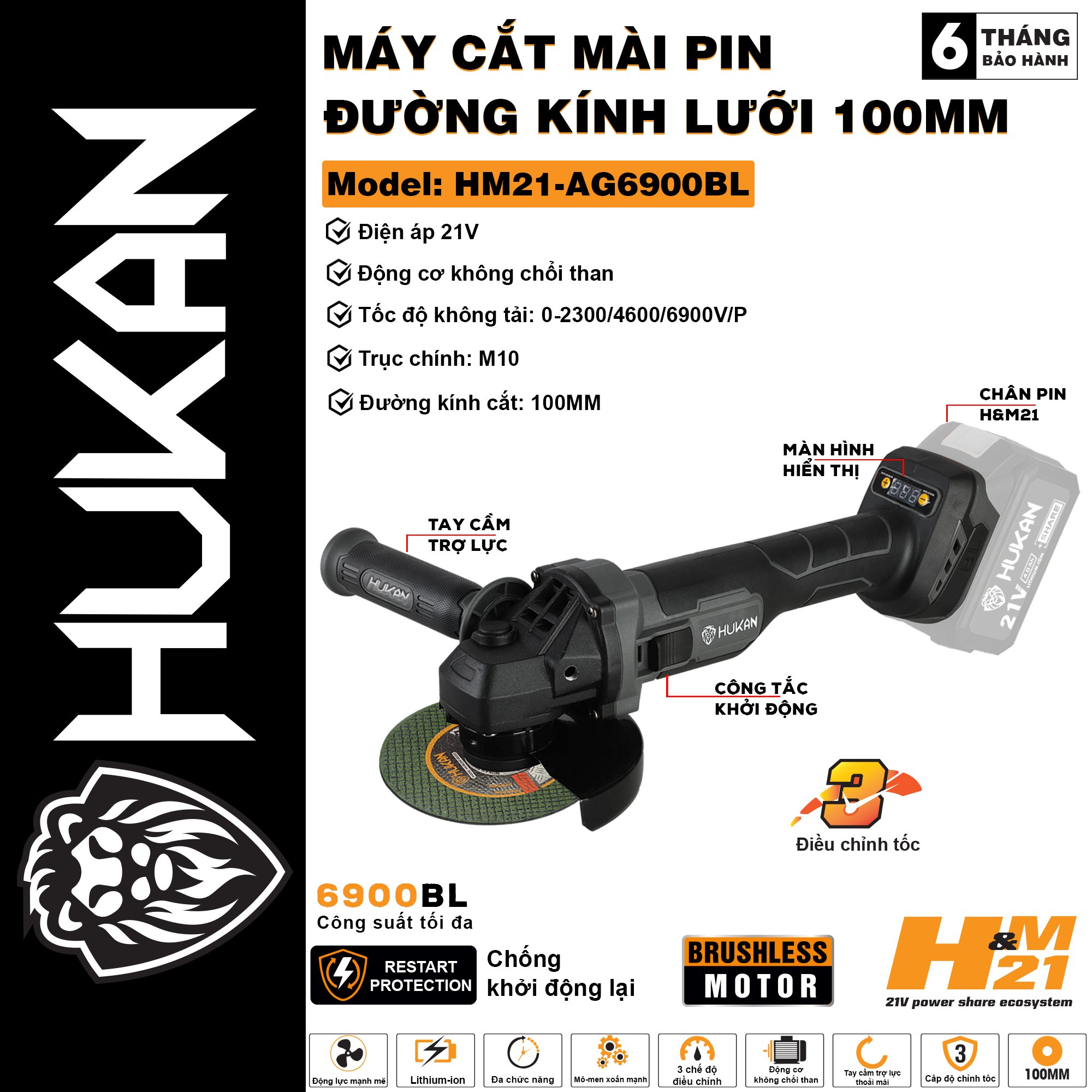 Thân máy mài pin HUKAN HM21-AG6900BL động cơ không chổi than chân pin phổ thông Hukan H&M21 được bảo