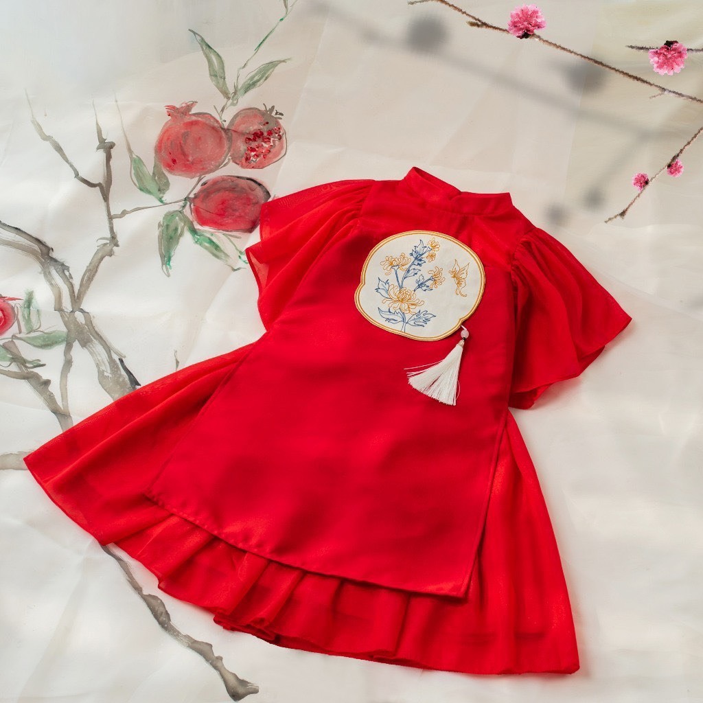 Áo dài cách tân chân váy cho bé gái áo dài cổ tàu bé trai áo dài cách tân thêu hoa sang trọng - Happ