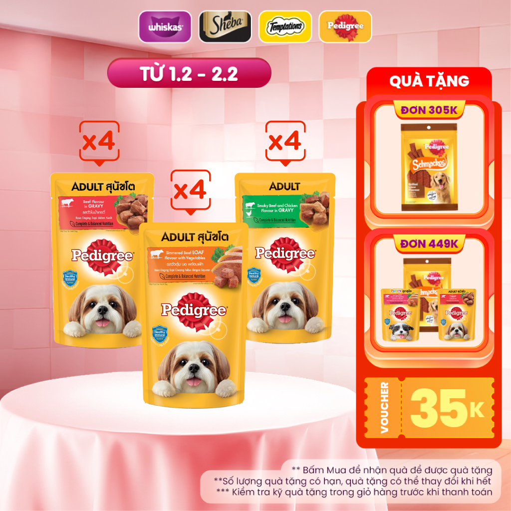 PEDIGREE® thức ăn cho chó lớn dạng sốt (pate chó) mix 3 vị 130g - Bò hầm rau củ (4 gói) & Gà nấu sốt
