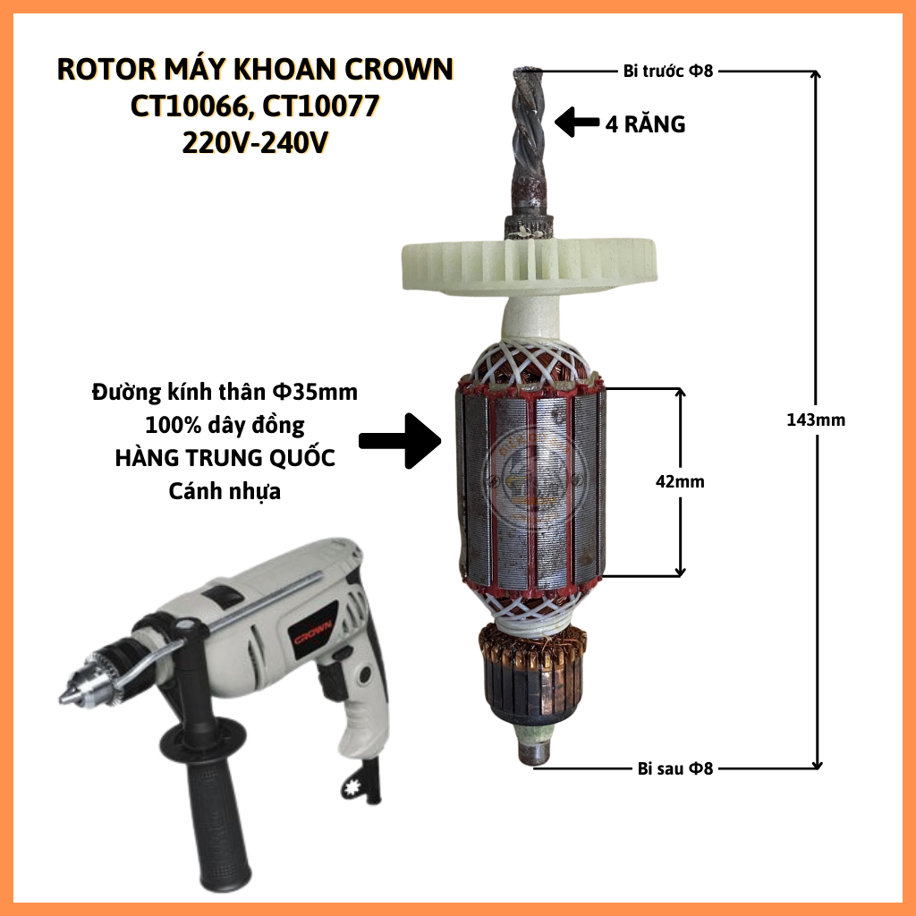 Rotor khoan CROWN CT10066 CT10077 4 Răng 220V - Tặng chổi than