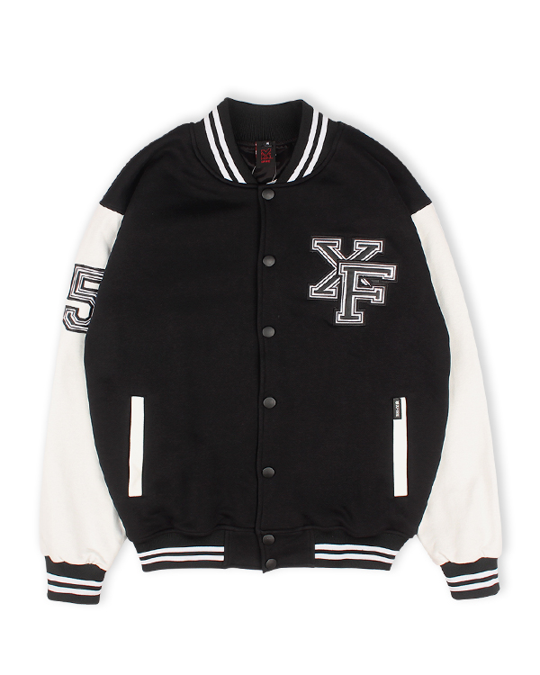 Áo Khoác Bóng Chày Bomber Varsity Nỉ Nam Nữ Thêu 2 Lớp Form Rộng Màu Đen Tay Trắng By Local Brand Xf