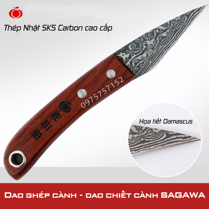 Dao ghép cây ghép cành dao chiết cành thẳng thép Nhật Bản SK5 Carbon SAGAWA hoa tiết Damascus Siêu s