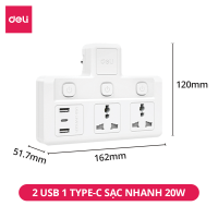 Ổ Cắm Chia Điện Đa Năng DELI Ổ Chia Điện Đa Năng 2500W Tích Hợp Cổng USB &TypeC Có Sạc Nhanh Chống Giật An Toàn