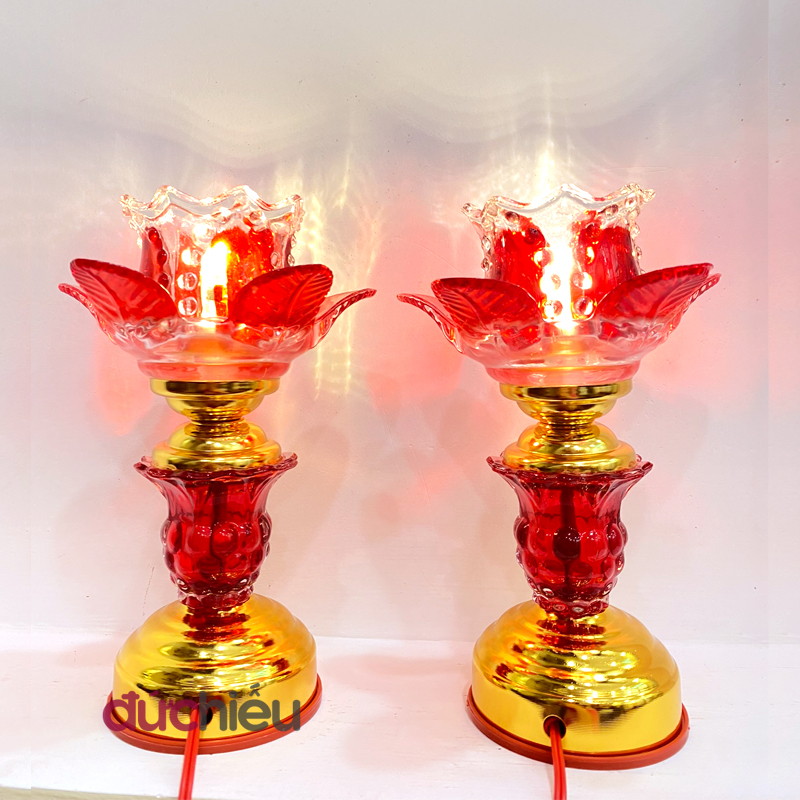 Đèn thờ cúng hoa sen để bàn thờ chất liệu thủy tinh cao 22cm đèn cúng Phật Quan Âm - Đức Hiếu Shop